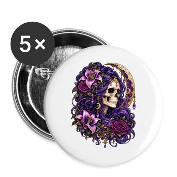 Schädelfrau, Mondblumen, Lila, Gotisch, - Buttons groß 56 mm (5er Pack) - Weiß - Vorne