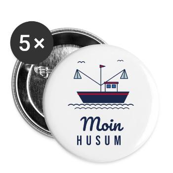 Moin Husum – Krabbenkutter Nordsee Motiv - Buttons groß 56 mm (5er Pack) - Weiß - Vorne