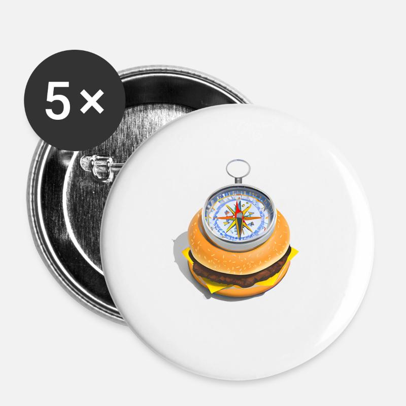 Cheeseburger Kompass - Buttons groß 56 mm (5er Pack) - Weiß