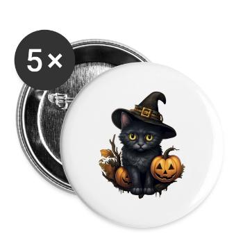 Halloween schwarzer Kater mit Hut und Kürbis - Buttons groß 56 mm (5er Pack) - Weiß - Vorne