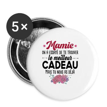 Mamie Grand-Mère Cadeau Retraite Retraitée Fête - Lot de 5 grands badges (56 mm) - blanc - Devant