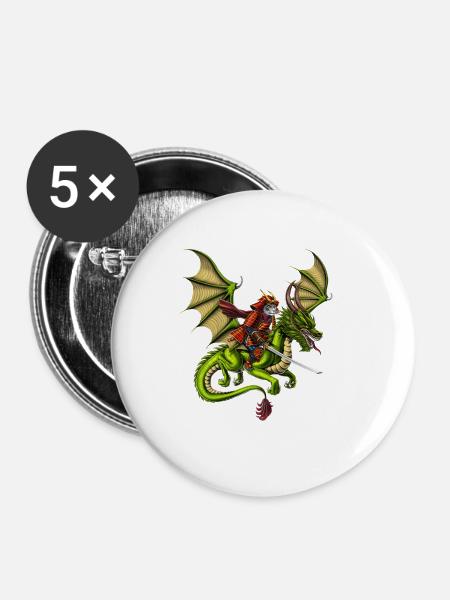 Japanischer Samurai Katze Reitdrache - Buttons groß 56 mm (5er Pack) - Weiß