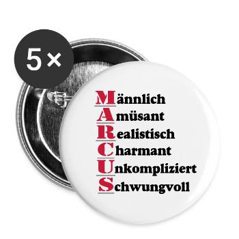 Marcus Vorname,Namensschild,Name,Fun Shirt (25) - Buttons groß 56 mm (5er Pack) - Weiß - Vorne