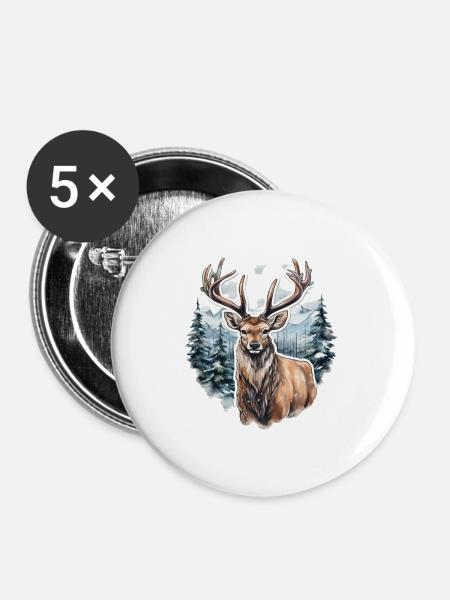 Winterlandschaft mit Hirsch - Buttons groß 56 mm (5er Pack) - Weiß