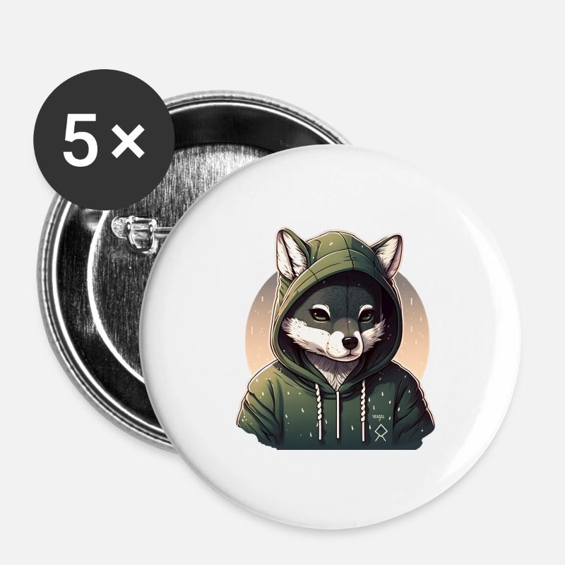 Wolf mit Hoodie kawaii - Buttons groß 56 mm (5er Pack) - Weiß