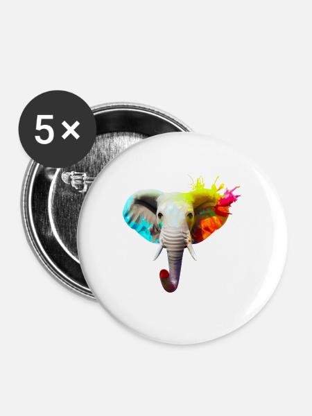Elefantenkopf mit Farbexplosion - Buttons groß 56 mm (5er Pack) - Weiß