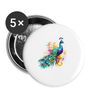 Pfau Blumen Pfauenfeder Exotisch Farbenfroh Bunt - Buttons groß 56 mm (5er Pack) - Weiß - Vorne
