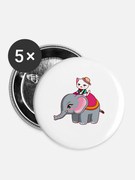 Katze reitet Elefant - Buttons groß 56 mm (5er Pack) - Weiß