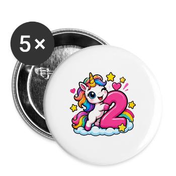 Bunter Einhorn mit Zahl Zwei - Buttons groß 56 mm (5er Pack) - Weiß - Vorne