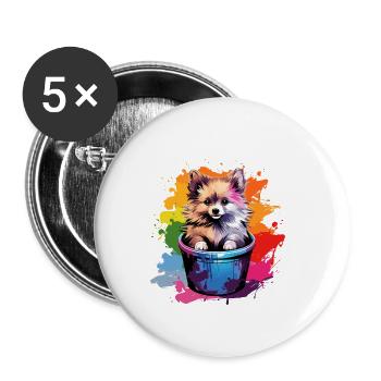 Zwergspitz Niedlicher Pomeranian Hund Farbeimer - Buttons groß 56 mm (5er Pack) - Weiß - Vorne