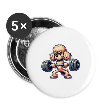 Pudel Gewichtheber lustiger Hund Sport Fitness - Buttons groß 56 mm (5er Pack) - Weiß - Vorne
