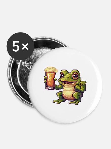 Frosch Pixel Bier - Buttons groß 56 mm (5er Pack) - Weiß