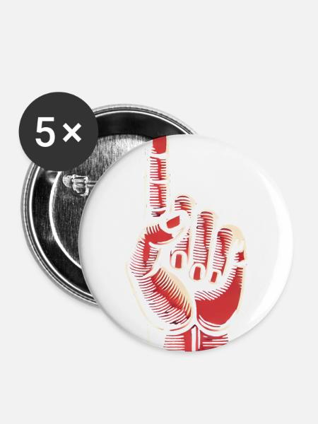 Kühnes Design mit roten Handgesten - Buttons groß 56 mm (5er Pack) - Weiß