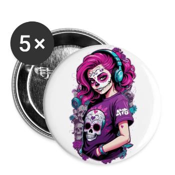 Sugar Skull Girl with Pink Hair & Blue Headphones - Buttons large 2.2''/56 mm (5-pack) - white - Front