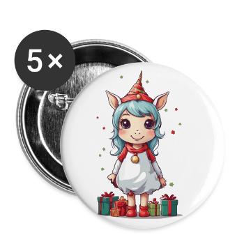 Weihnachtliches Pony Zauber mit Einhorn Elfen - Buttons groß 56 mm (5er Pack) - Weiß - Vorne