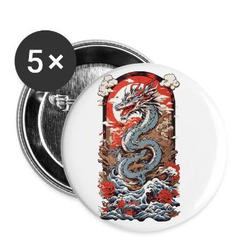 Asiatischer Drache Ukiyo-E Vintage Kunst - Buttons groß 56 mm (5er Pack) - Weiß - Vorne