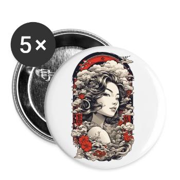 Vintage Ukiyo-e Asiatische Schönheit mit Kanji - Buttons groß 56 mm (5er Pack) - Weiß - Vorne
