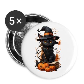 Chat enchanté d’Halloween: manche à balai magique - Lot de 5 grands badges (56 mm) - blanc - Devant