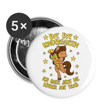 Pferd Pony Bye Bye Kindergarten Einschulung Schule - Buttons groß 56 mm (5er Pack) - Weiß - Vorne