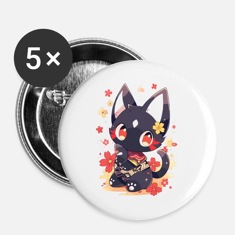 Cute anime cat with fish - Buttons large 2.2''/56 mm (5-pack) - white