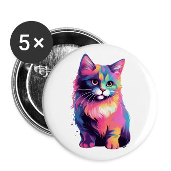 Chat coloré espiègle - Lot de 5 grands badges (56 mm) - blanc - Devant