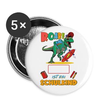 T-Rex Dino Schulkind personalisierbar mit Name - Buttons groß 56 mm (5er Pack) - Weiß - Vorne
