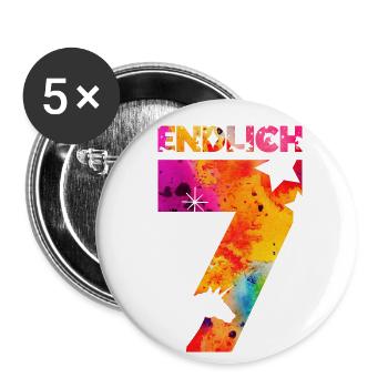 ENDLICH 7 EINHORN 7. GEBURTSTAG - Buttons groß 56 mm (5er Pack) - Weiß - Vorne