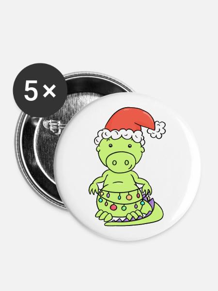 Süßer Weihnachtsdrache mit Lichterkette - Buttons groß 56 mm (5er Pack) - Weiß