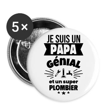 Papa génial & plombier – idée fête des pères - Lot de 5 grands badges (56 mm) - blanc - Devant