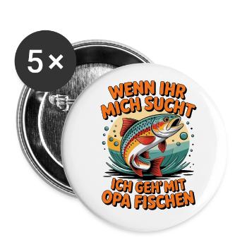 Angeln mit Opa mit springender Forelle - Buttons groß 56 mm (5er Pack) - Weiß - Vorne