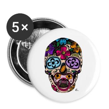 Tête de mort mexicaine couleur - Lot de 5 grands badges (56 mm) - blanc - Devant