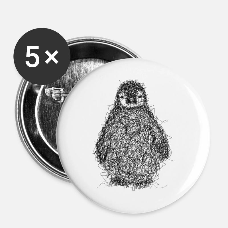 Pinguin kritzeln - Buttons groß 56 mm (5er Pack) - Weiß