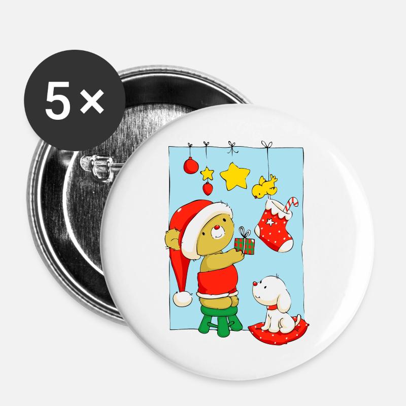 Christmas Bear doing Christmas decorations - Buttons large 2.2''/56 mm (5-pack) - white