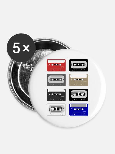 Musikkassetten - Buttons groß 56 mm (5er Pack) - Weiß