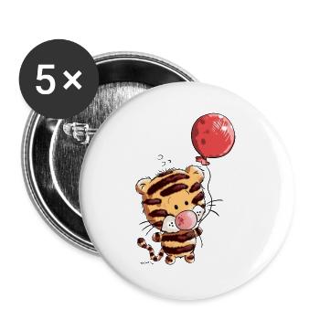 Niedlicher Tiger mit Ballon I Luftballon Tierkind  - Buttons groß 56 mm (5er Pack) - Weiß - Vorne
