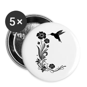 Motif floral avec des fleurs et colibris. - Lot de 5 grands badges (56 mm) - blanc - Devant