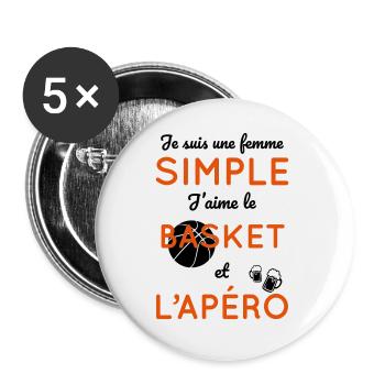 Femme simple aime le basket et l'apéro - Lot de 5 grands badges (56 mm) - blanc - Devant
