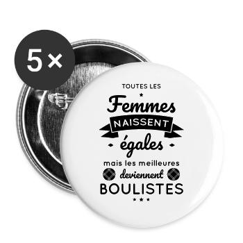 Pétanque - Femmes égales meilleures boulistes - Lot de 5 grands badges (56 mm) - blanc - Devant