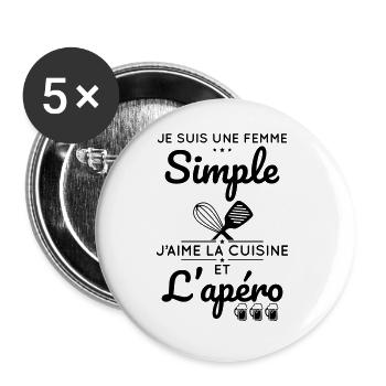Femme simple aime la cuisine et l'apéro - Lot de 5 grands badges (56 mm) - blanc - Devant