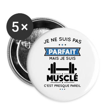 Musculation - Pas parfait mais musclé - Lot de 5 grands badges (56 mm) - blanc - Devant