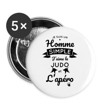 Cadeau judo - Homme simple aime le judo et l'apéro - Lot de 5 grands badges (56 mm) - blanc - Devant