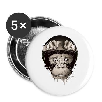 Schimpanse mit Retro Motorrad Helm und Brille - Buttons groß 56 mm (5er Pack) - Weiß - Vorne