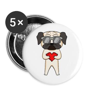 Mops mit Sonnenbrille und Herz - Buttons groß 56 mm (5er Pack) - Weiß - Vorne