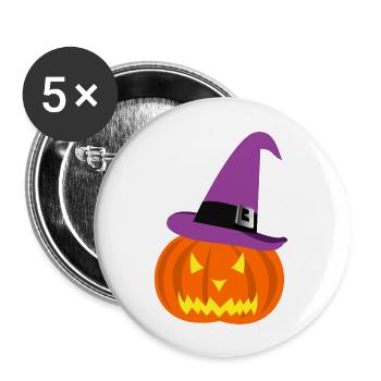 Halloween Kürbis und Hut - Buttons groß 56 mm (5er Pack) - Weiß - Vorne