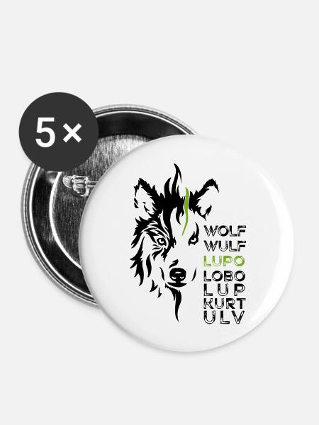 GOWILD Wolf - allover Design - schwarz-grün - Buttons groß 56 mm (5er Pack) - Weiß