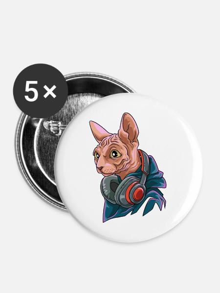 Coole Nacktkatze mit Kopfhörer - Buttons groß 56 mm (5er Pack) - Weiß