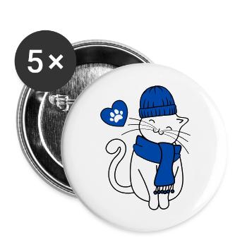 Winter cat with cap and scarf, heart and paw - Buttons large 2.2''/56 mm (5-pack) - white - Front