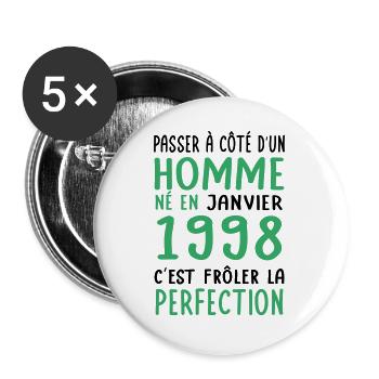 Anniversaire 25 ans - Né en Janvier 1998 - Lot de 5 grands badges (56 mm) - blanc - Devant