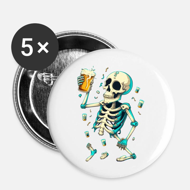 Lustiges Skelett mit Bier - Buttons groß 56 mm (5er Pack) - Weiß