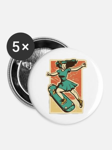 Skater-Mädchen - Buttons groß 56 mm (5er Pack) - Weiß